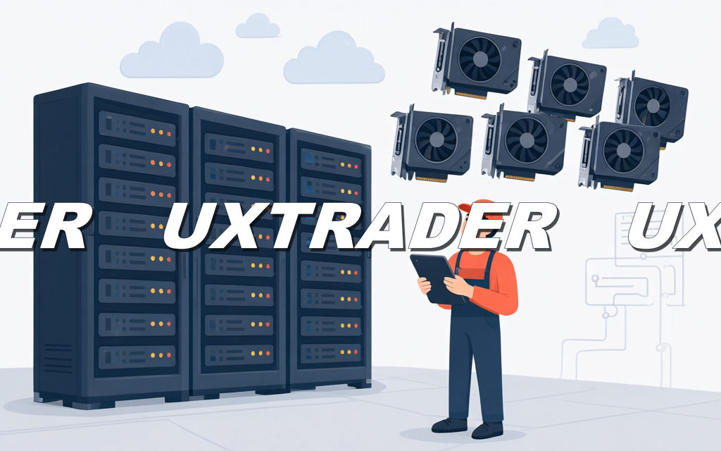 Cartoon illustration: server racks, floating GPUs and an engineer checking a tablet