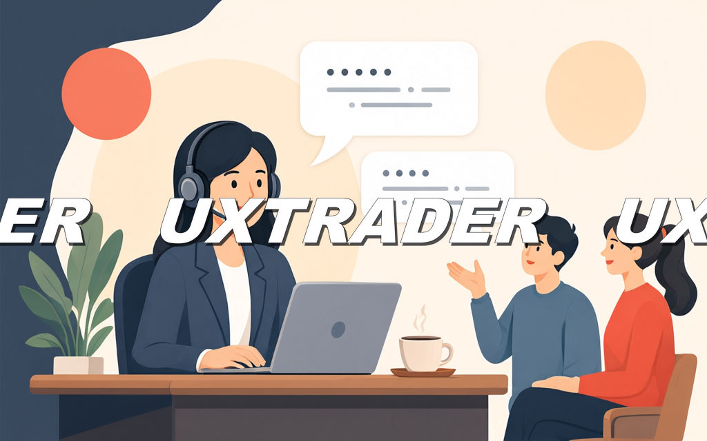 Cartoon illustration: a customer-service agent with a headset and two visiting customers