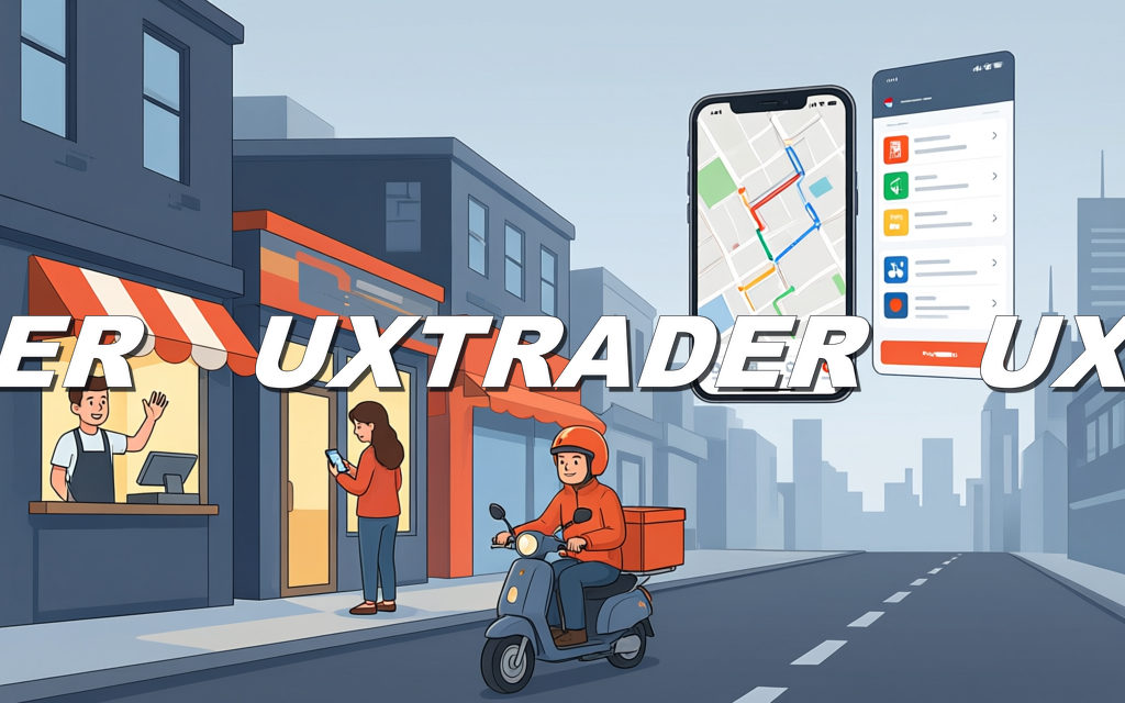 Cartoon illustration: a local-services street scene with shops, a delivery rider and mobile app screens